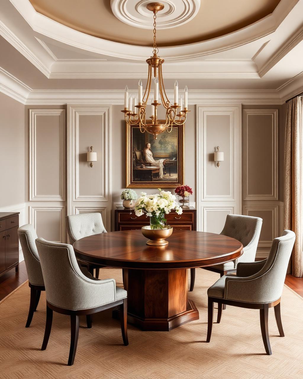 Comedor elegante con mesa redonda de madera